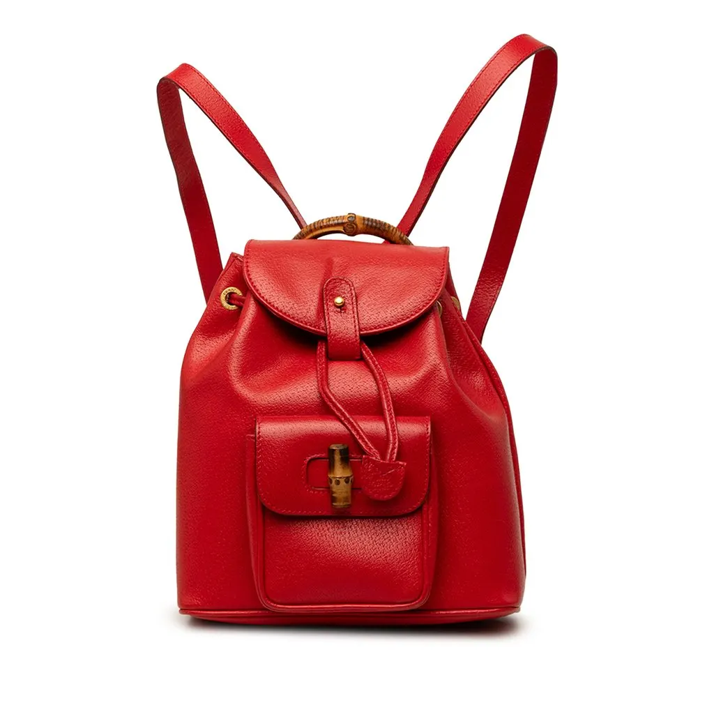 Gucci Calfskin Bamboo Drawstring Backpack Red Leather Good - Front View