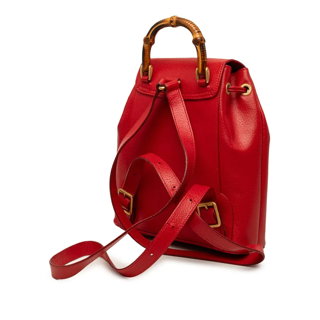 Gucci Calfskin Bamboo Drawstring Backpack Red Leather Good - Back View