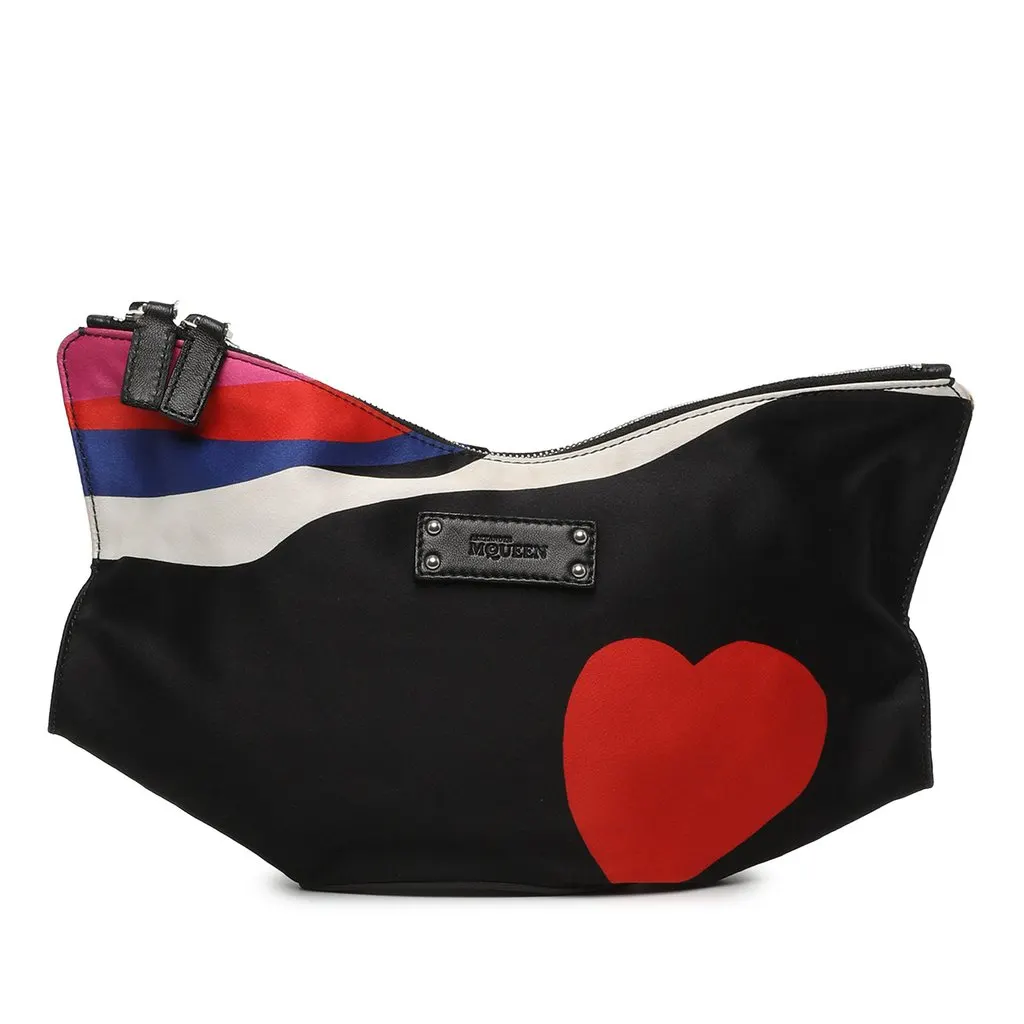 Alexander McQueen Printed Satin Heart De Manta Clutch Black Satin Very good - Front View