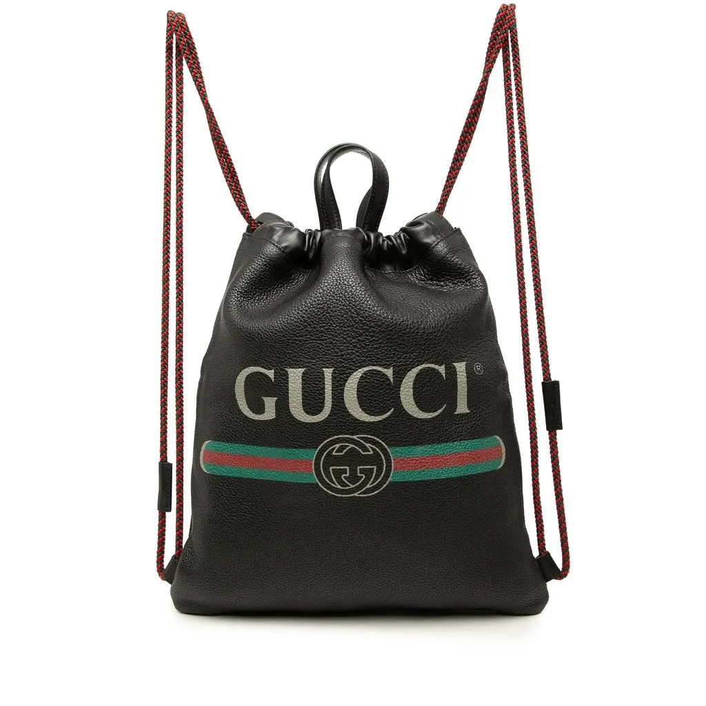 Gucci Leather Logo Drawstring Backpack Black Leather Good - Front View