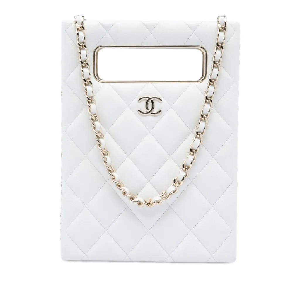 Chanel Mini Quilted Caviar Cut Out Evening Tote White Leather Very good - Front View