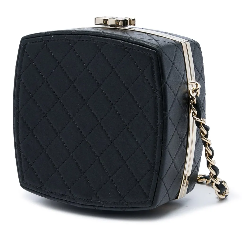 Chanel Quilted Lambskin Make Up Box Clutch With Chain Black Leather Very good - Back View