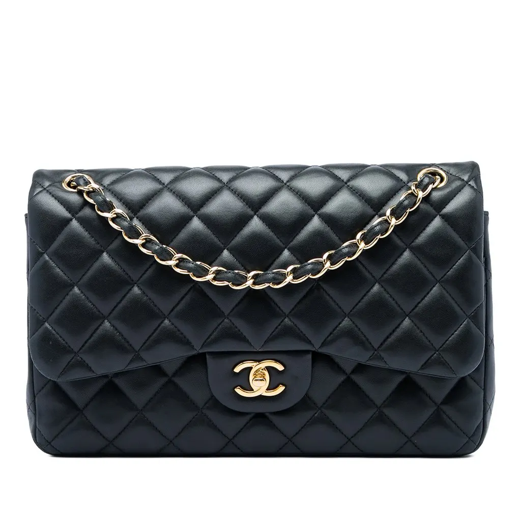 Chanel Jumbo Classic Lambskin Double Flap Black Leather Very good - Front View