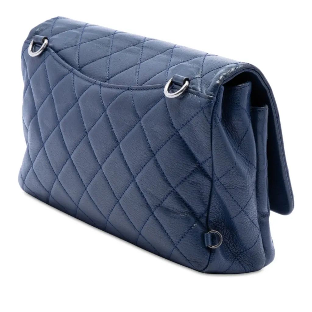 Chanel Large Quilted Goatskin Double Carry Waist Chain Flap Blue Leather Very good - Back View