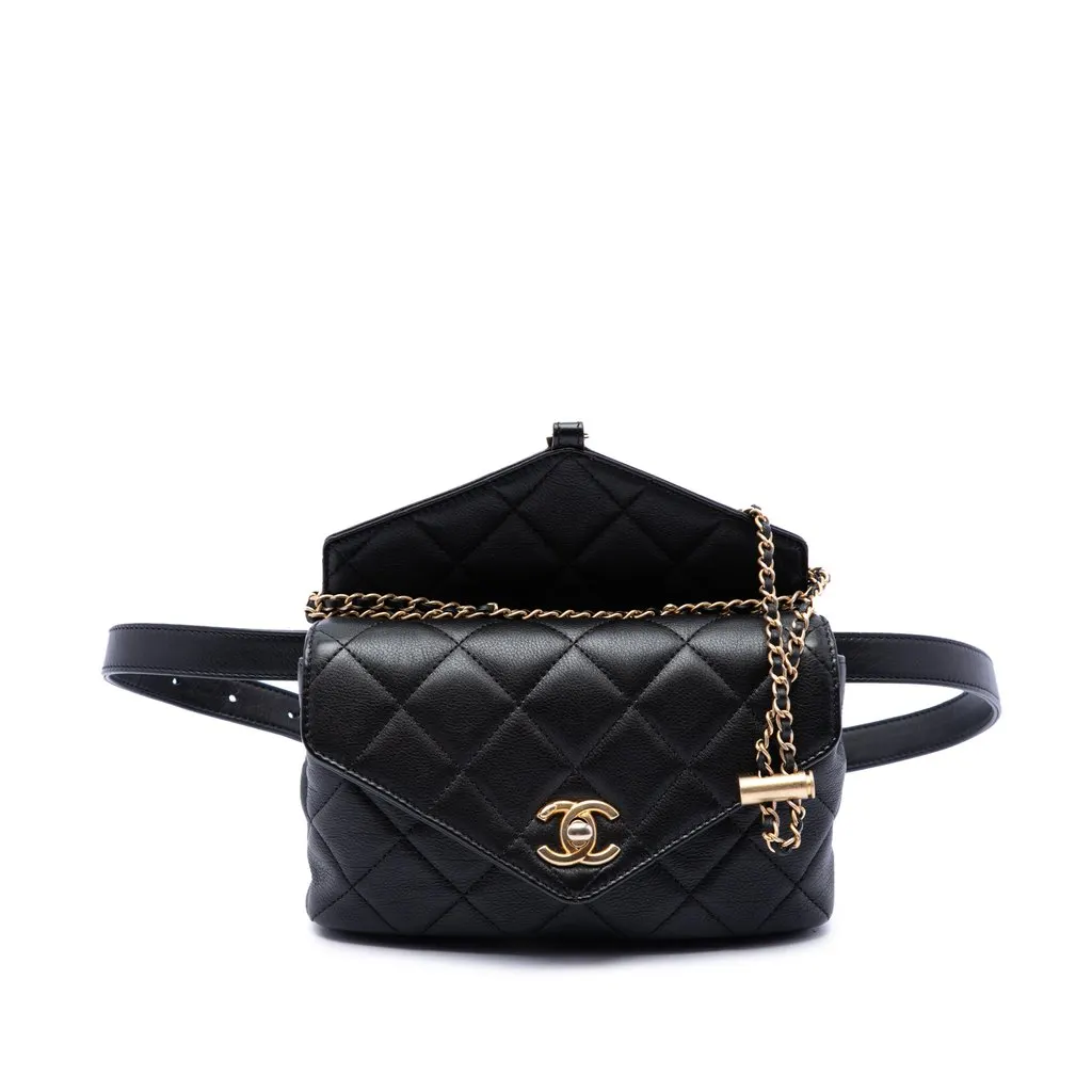 Chanel Quilted Calfskin Carry With Chic Flap Belt Bag with Chain Black Leather Very good - Front View