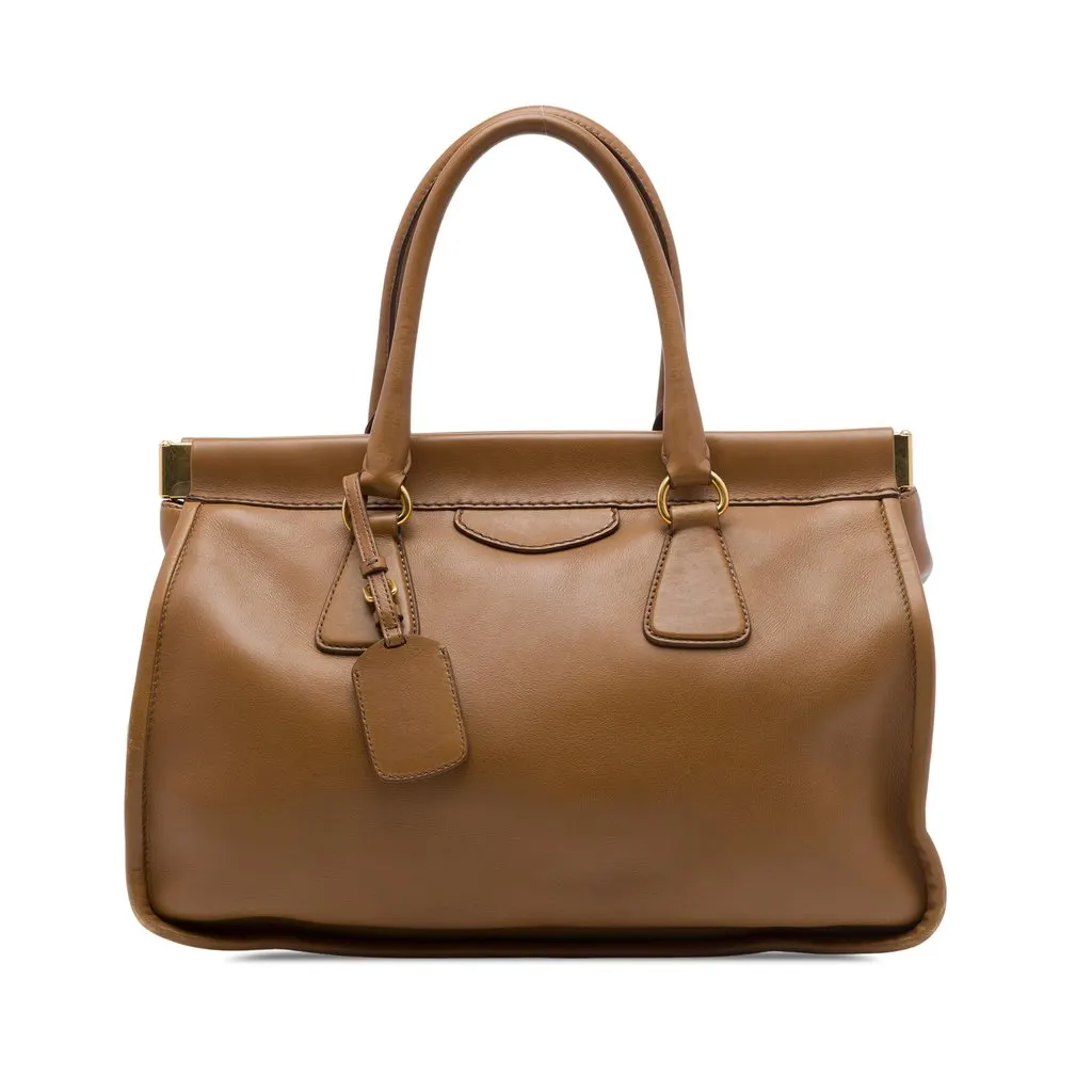 Prada City Calf Frame Top Handle Tote Brown Leather Very good - Front View