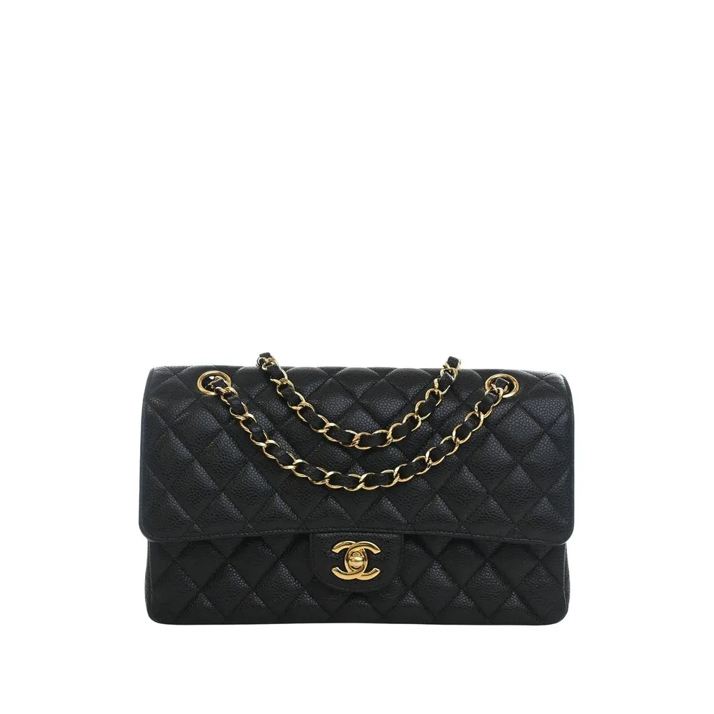Chanel Medium Classic Caviar Double Flap Black Leather Very good - Front View