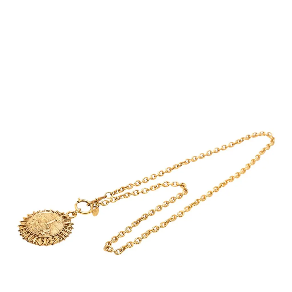 Chanel Gold Plated Medallion Coat of Arms Sunburst Pendant Necklace Gold Metal Very good - Front View