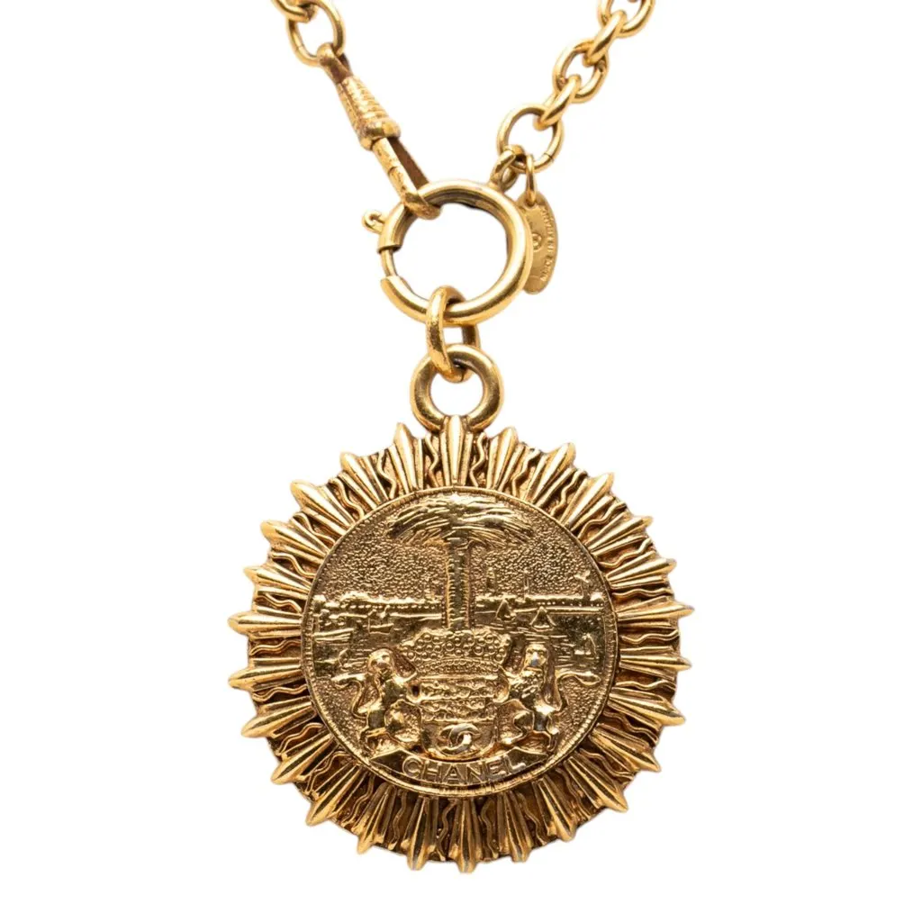 Chanel Gold Plated Medallion Coat of Arms Sunburst Pendant Necklace Gold Metal Very good - Back View