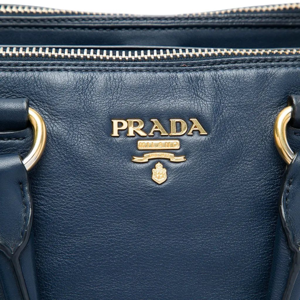 Prada Soft Calf Double Zip Convertible Tote Blue Leather Very good - Box View