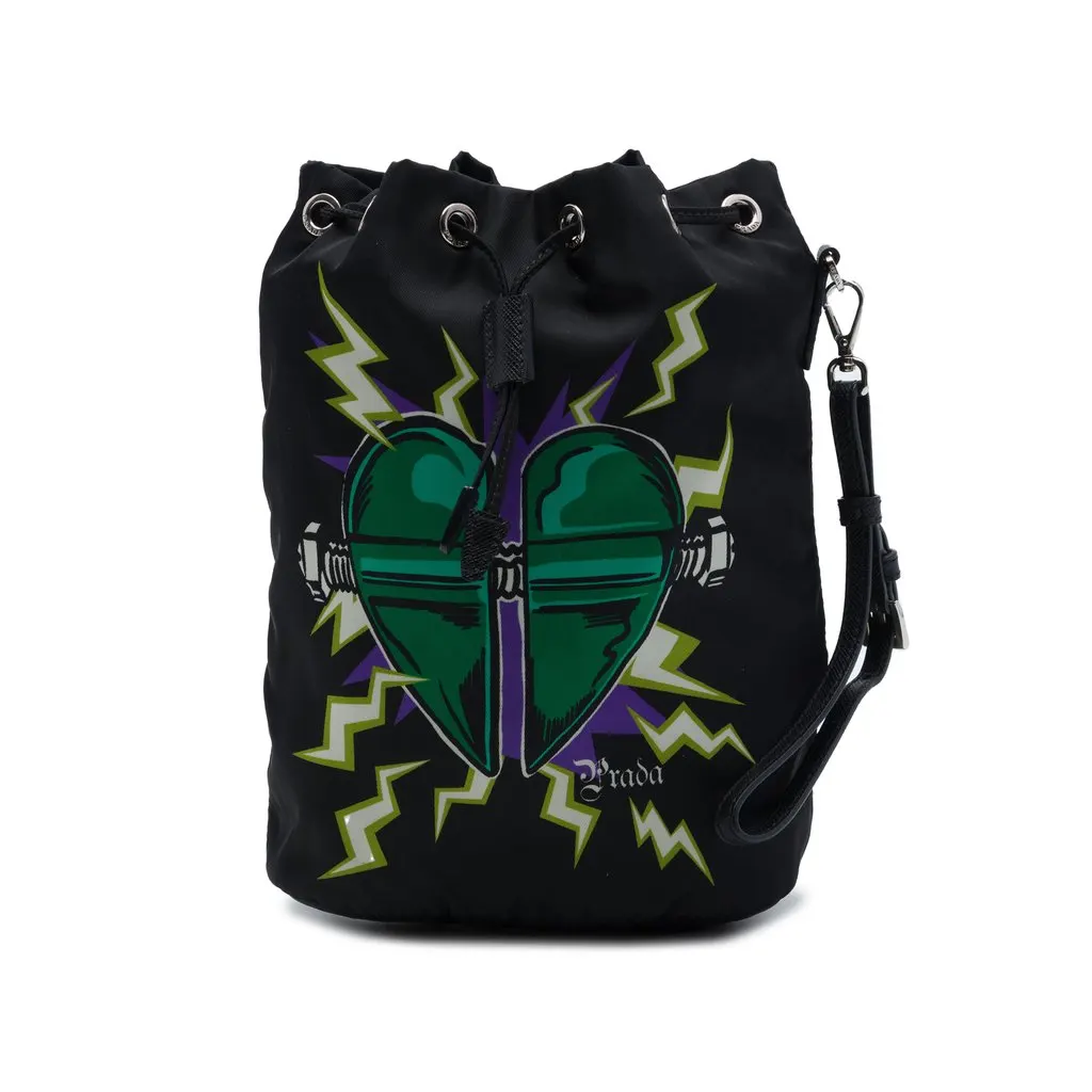 Prada Universal Studios Tessuto Frankenstein Heart Drawstring Pouch Black Polyamide Very good - Front View