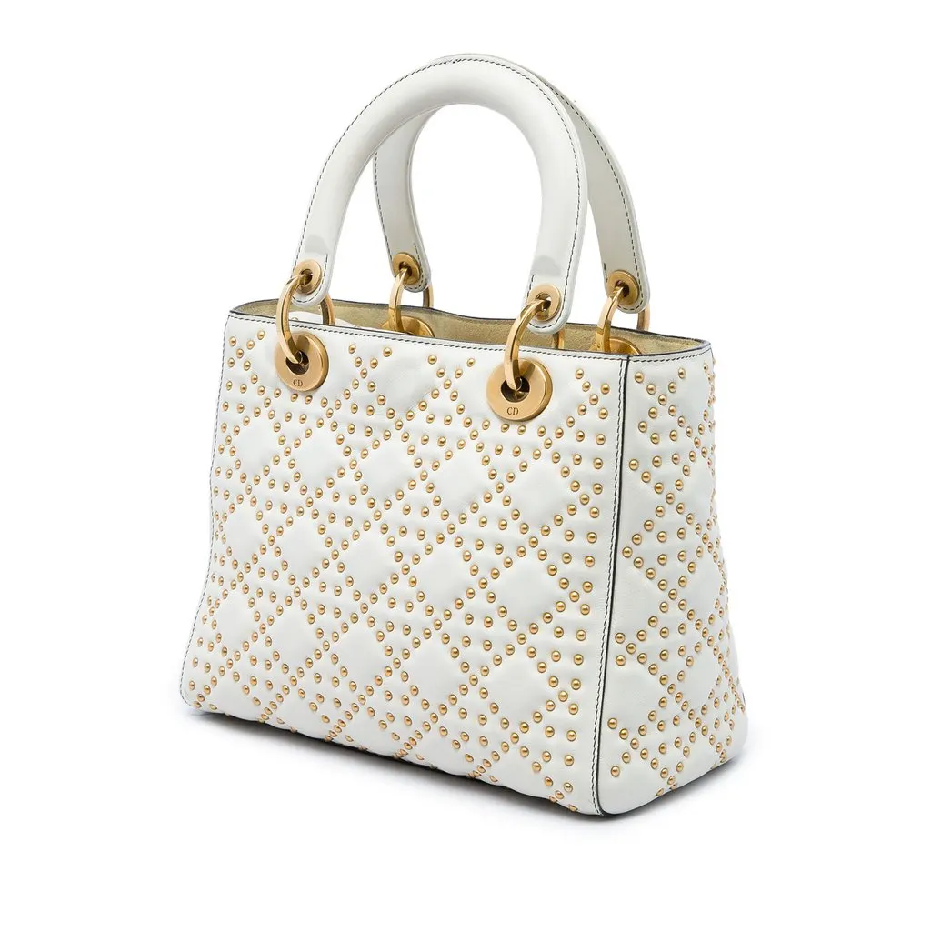 Dior Medium Lambskin Cannage Studded Supple Lady Dior White Leather Good - Back View