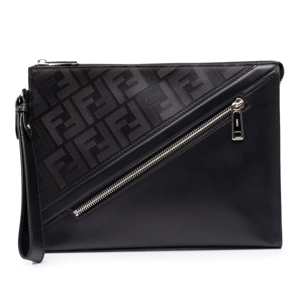 Fendi Zucca Shadow Calfskin Diagonal Front Zip Clutch Black Leather Good - Front View