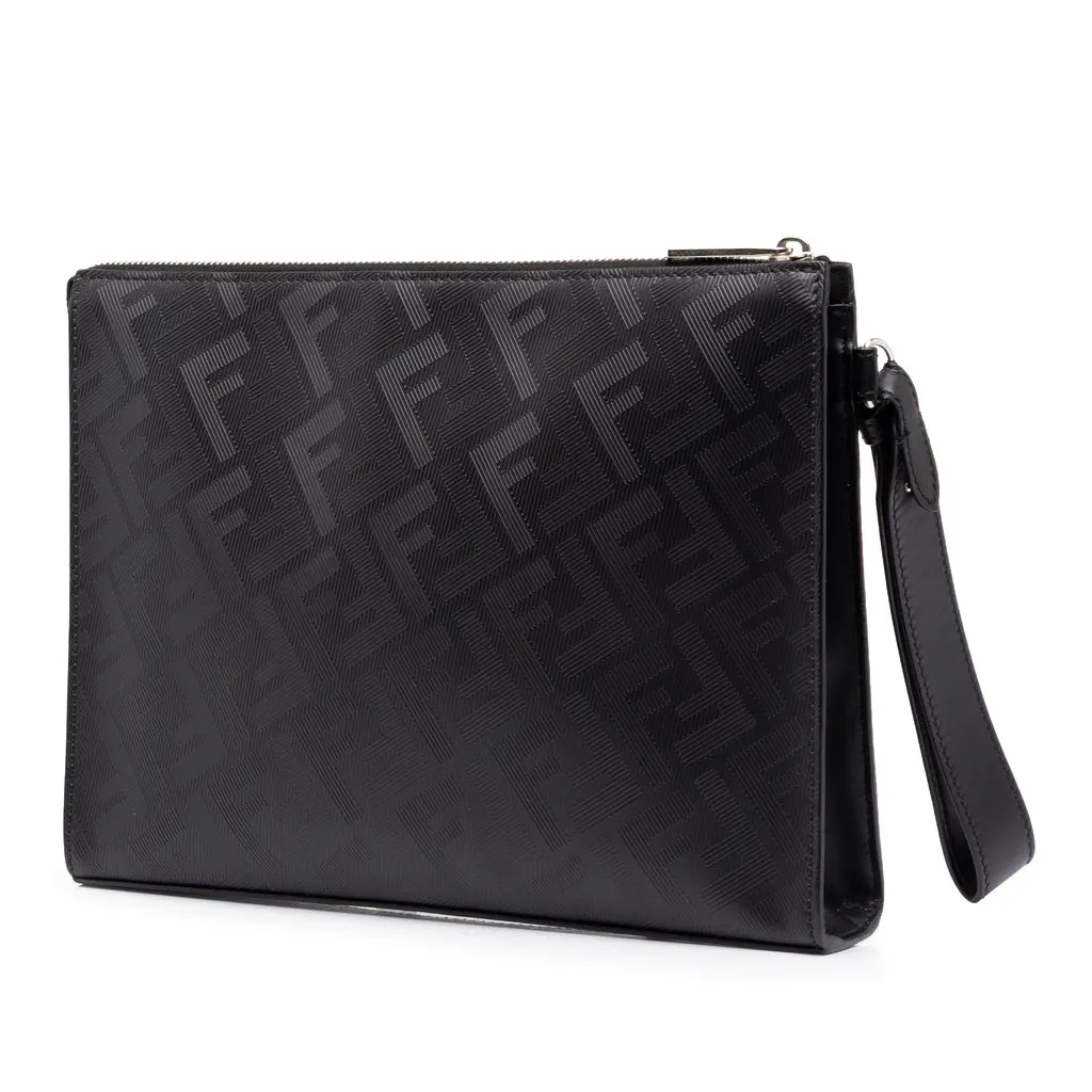 Fendi Zucca Shadow Calfskin Diagonal Front Zip Clutch Black Leather Good - Back View