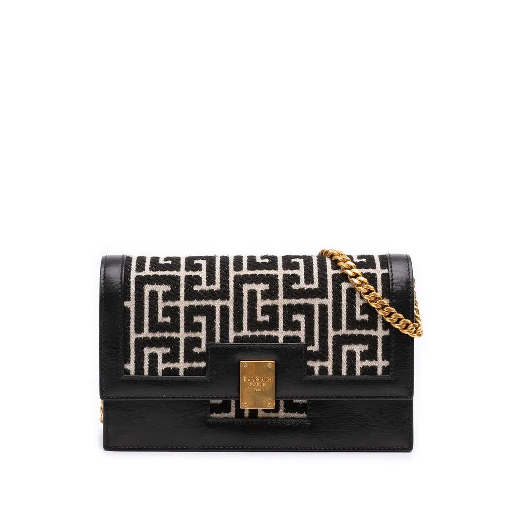 Balmain Mini Leather Trimmed Monogram Jacquard 1945 Heritage Crossbody Black Very good - Front View