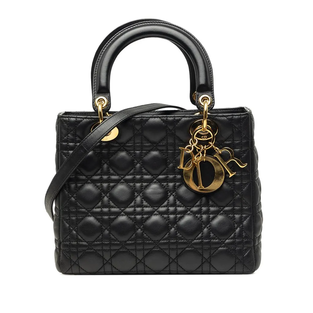 Dior Medium Lambskin Cannage Lady Dior Black Leather Very good - Front View