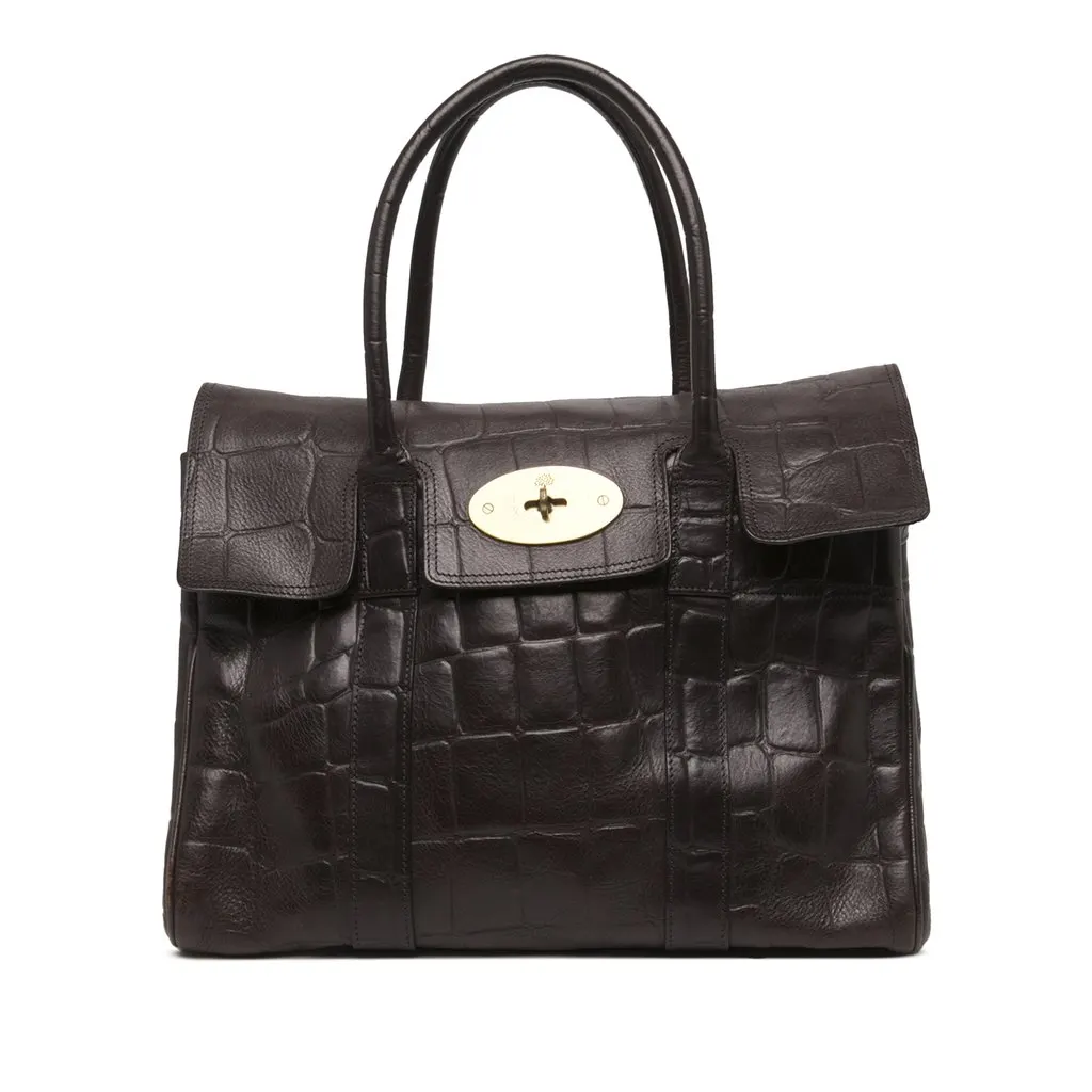 Mulberry Croc Embossed Calfskin Bayswater Heritage Tote Brown Leather Good - Front View