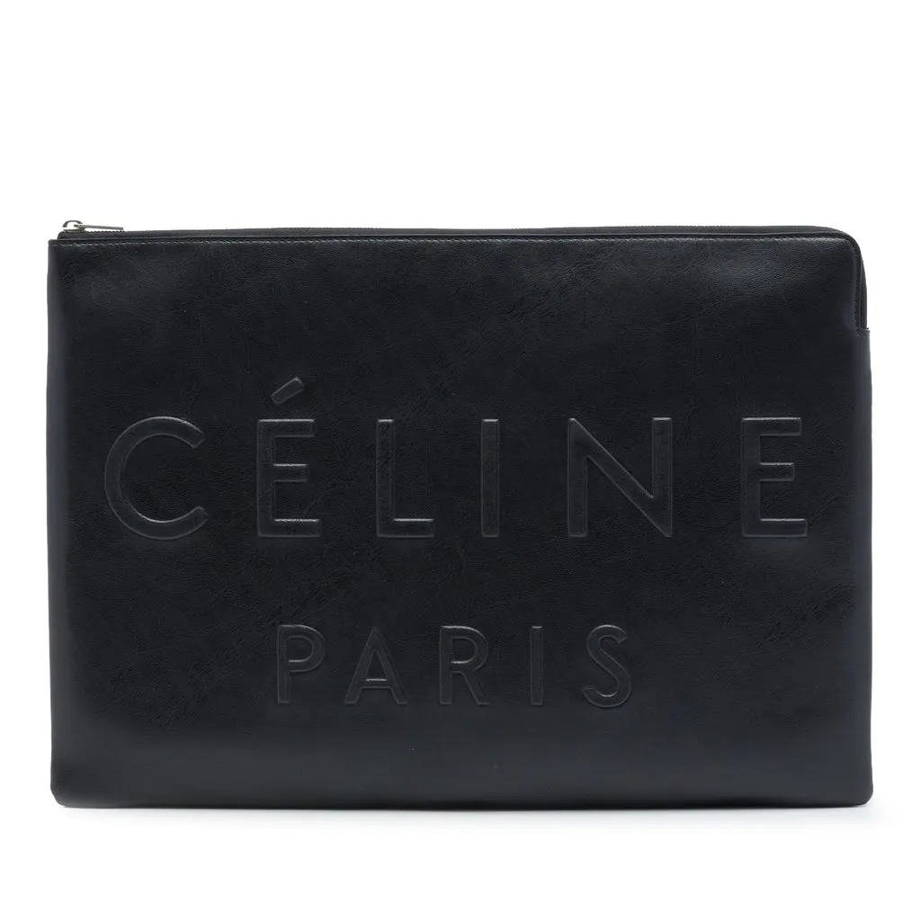 Celine Embossed Leather Logo Clutch Black Leather Very good - Front View