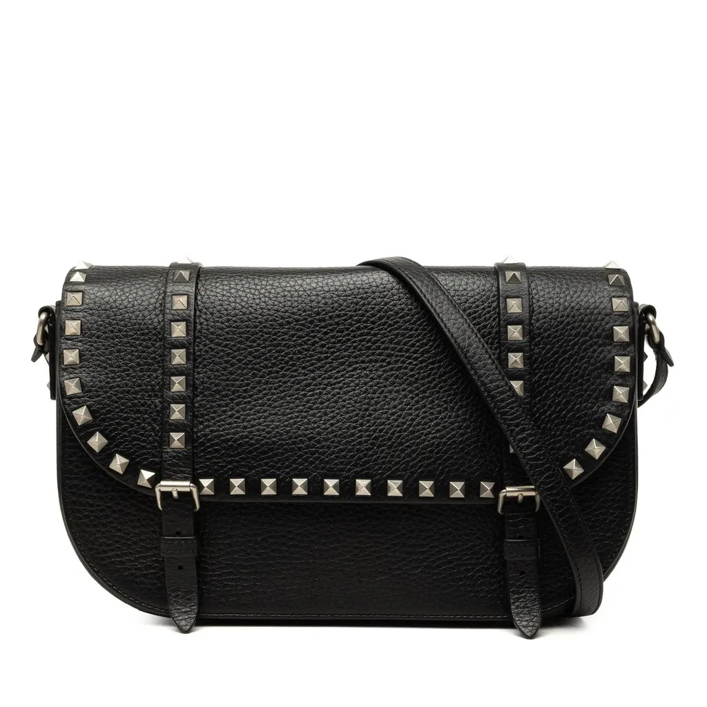 Valentino Leather Rockstud Messenger Bag Black Leather Very good - Front View