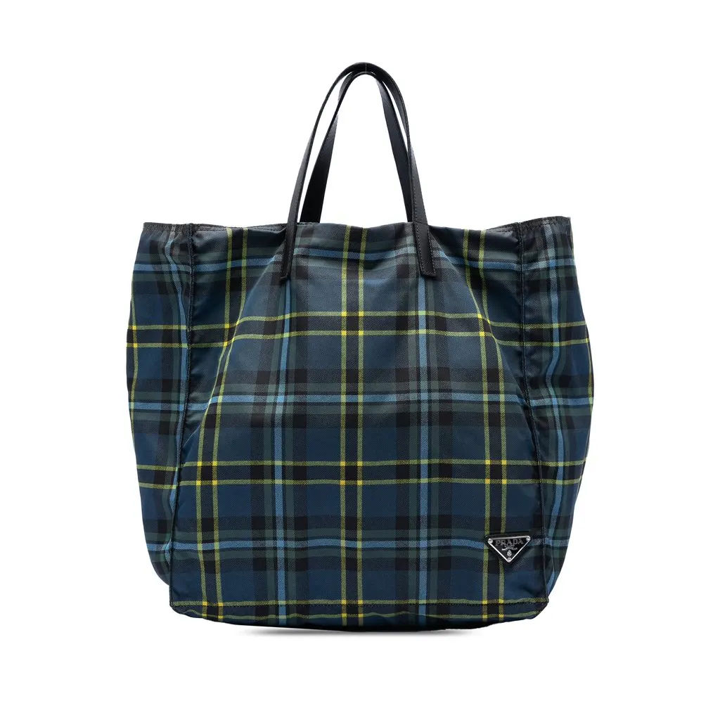 Prada Tessuto Stampato Plaid Tote Blue Very good - Front View