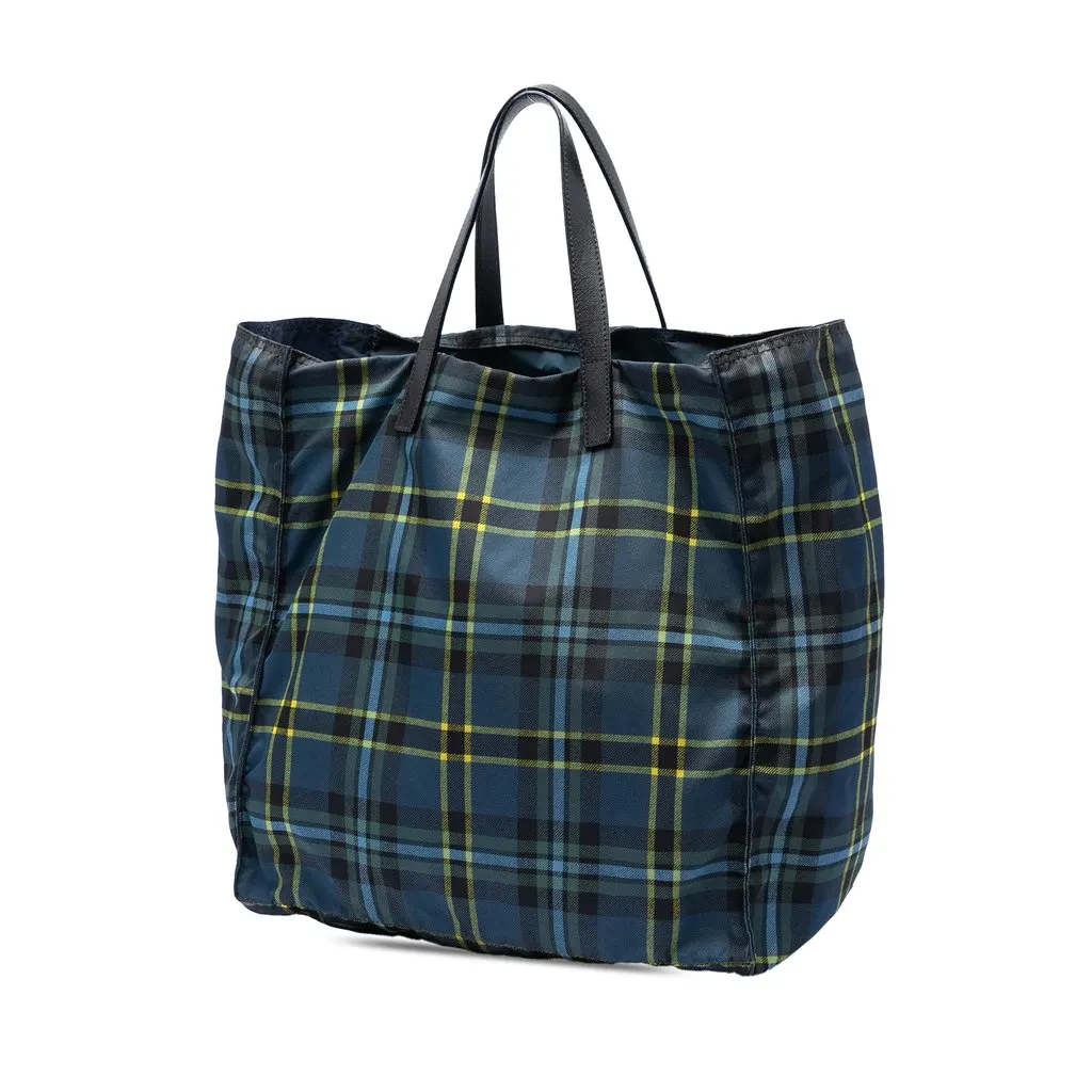 Prada Tessuto Stampato Plaid Tote Blue Very good - Back View