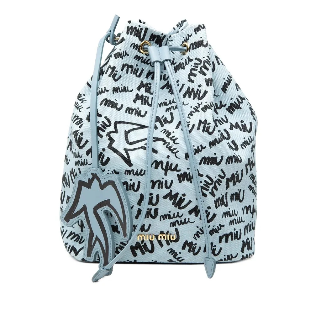 Miu Miu Printed Canvas Drawstring Pouch Blue Very good - Front View