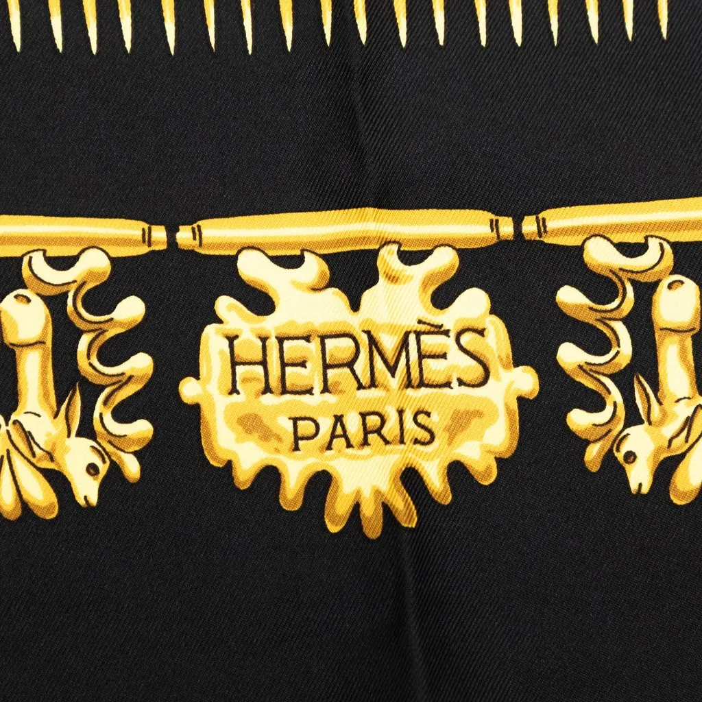 Hermès Les Cavaliers d Or Silk Scarf 90 Black Silk Good - Box View