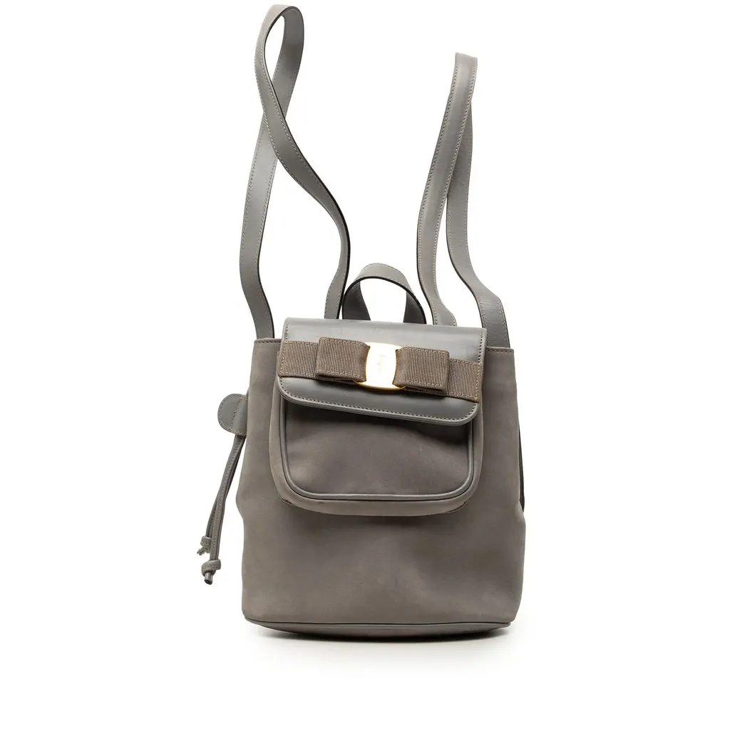 Salvatore Ferragamo Suede Vara Bow Flap Drawstring Backpack MultiColor Leather Very good - Front View