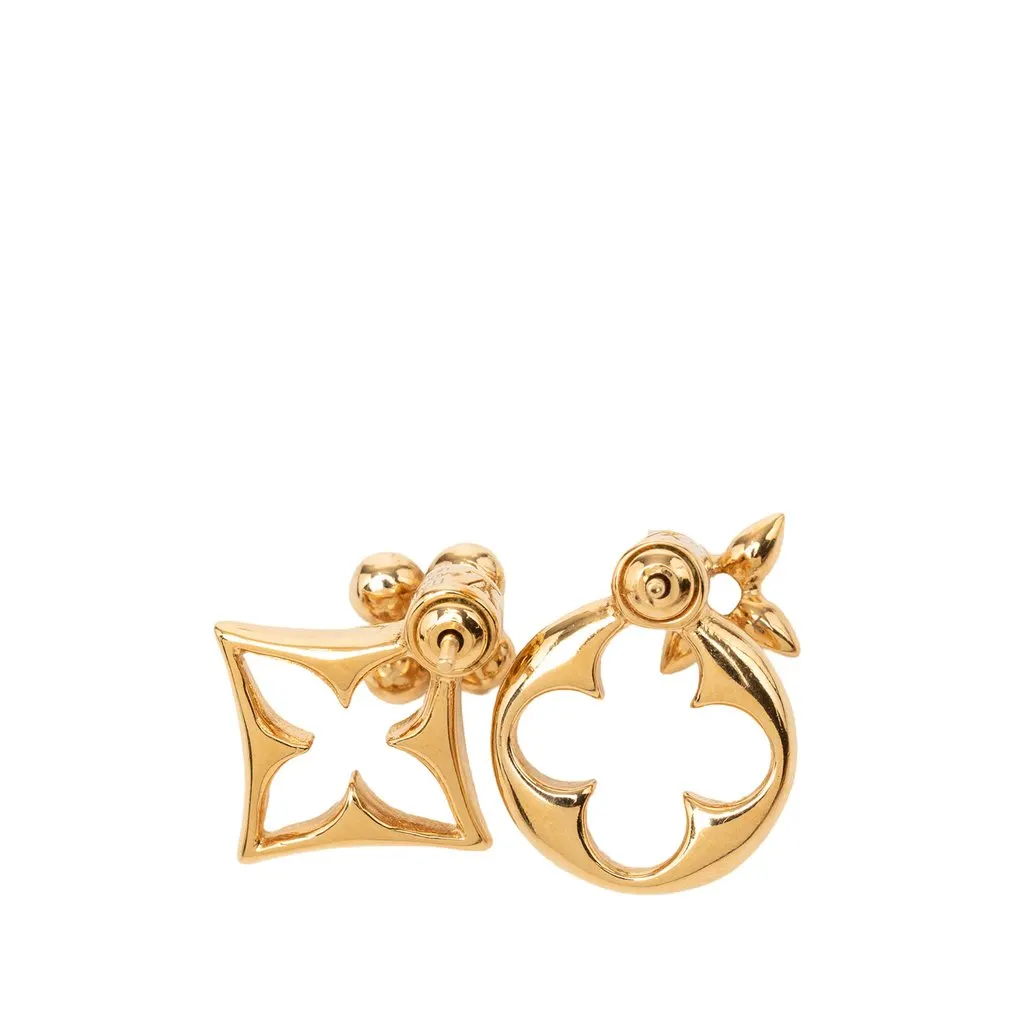Louis Vuitton Gold Plated Flowergram Push Back Earings Gold Metal Very good - Back View