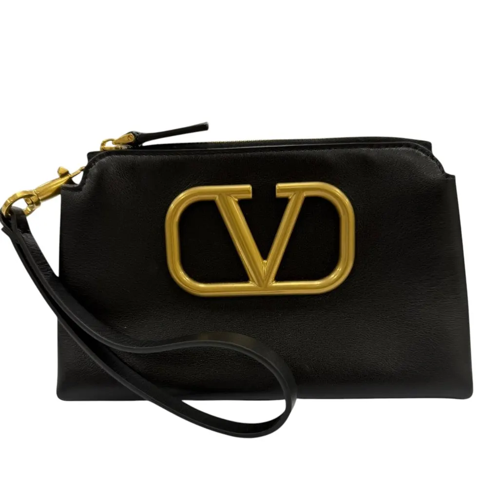 Valentino Calfskin VLogo Cosmetic Pouch Black Leather Very good - Front View