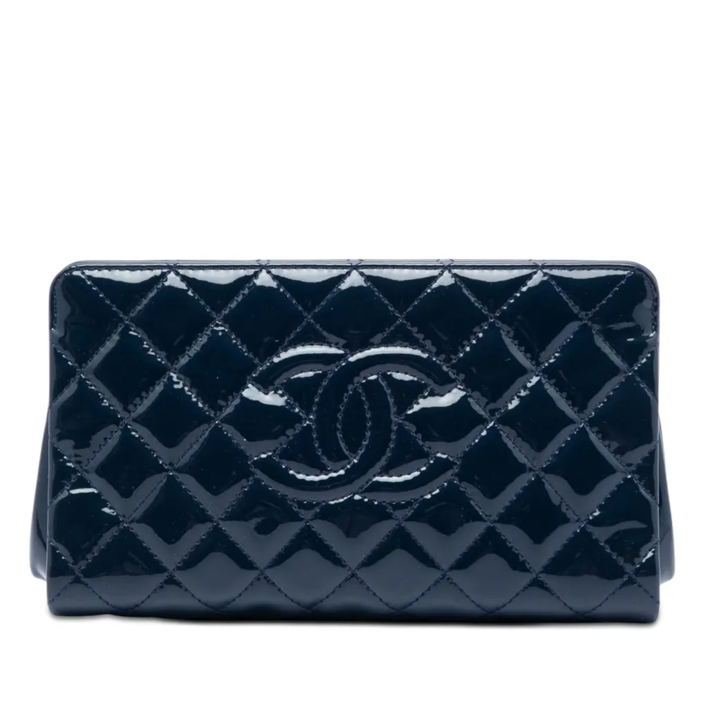 Chanel CC Quilted Patent Timeless Clutch Blue Leather Very good - Front View