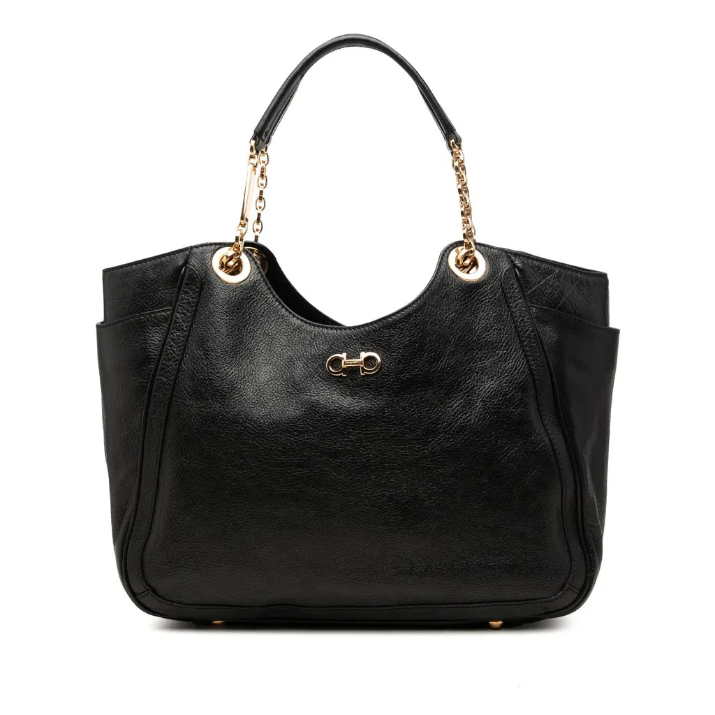 Salvatore Ferragamo Buffalo Leather Fanya Chain Tote Black Leather Very good - Front View