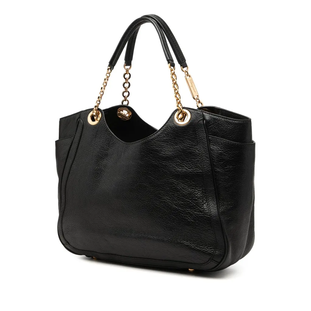 Salvatore Ferragamo Buffalo Leather Fanya Chain Tote Black Leather Very good - Back View
