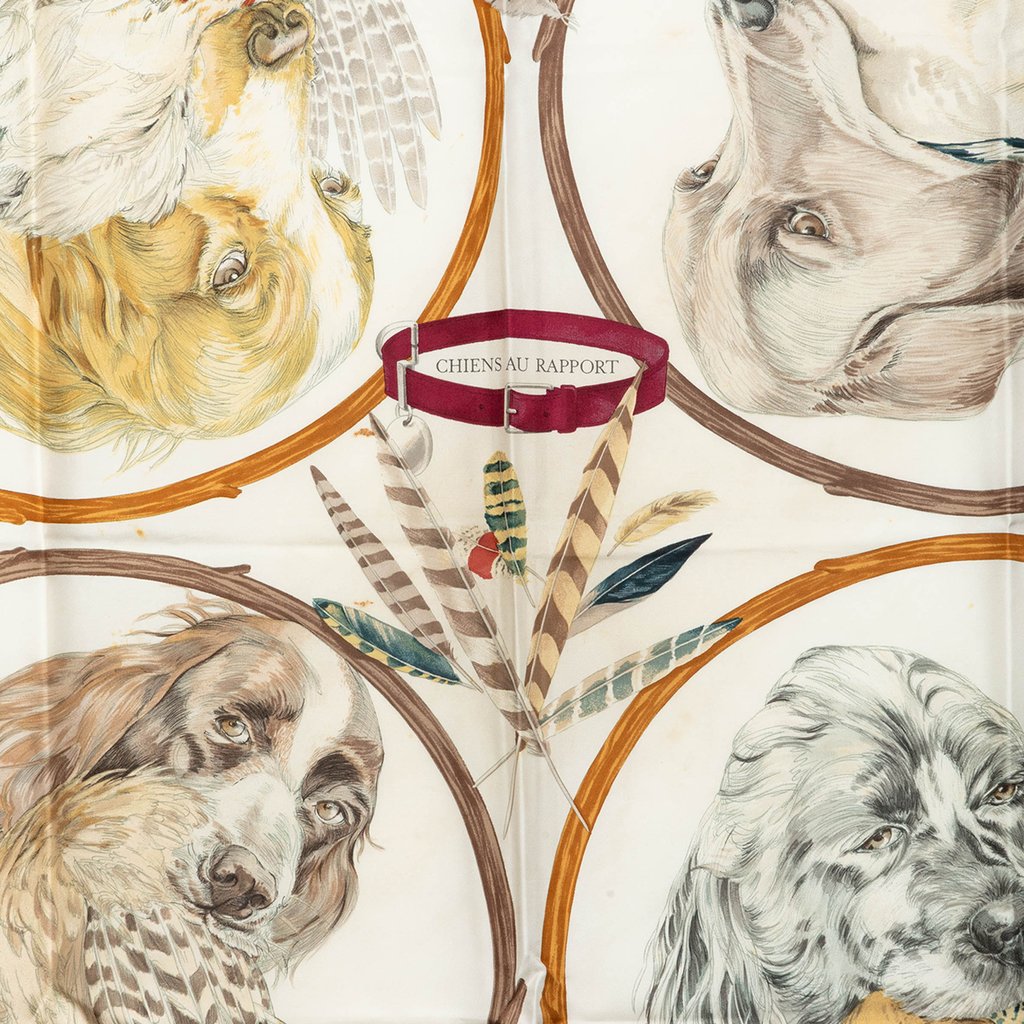 Hermès Chiens Au Rapport Carre Silk Scarf 90 White