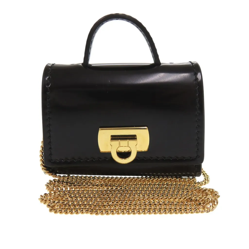 Salvatore Ferragamo Smooth Calfskin Gancini Top Handle AirPods Case with Chain Black Leather Very good - Front View