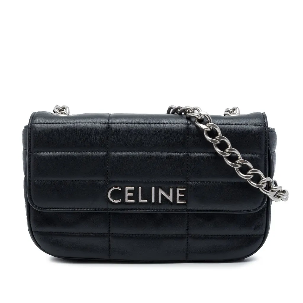 Celine Matelasse Goatskin Monochrome Chain Shoulder Bag Black Leather Very good - Front View