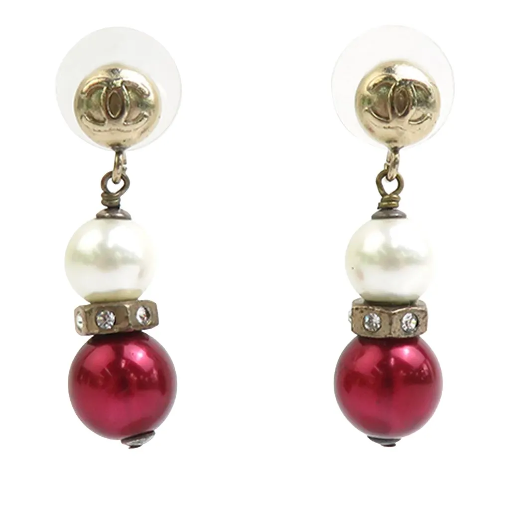 Chanel CC Gold Plated Faux Pearl Strass Bullet Back Earrings Gold Metal Very good - Front View