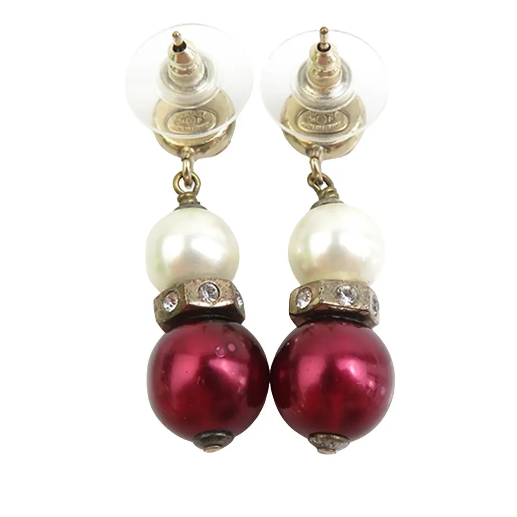 Chanel CC Gold Plated Faux Pearl Strass Bullet Back Earrings Gold Metal Very good - Back View