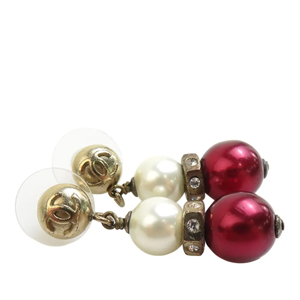Chanel CC Gold Plated Faux Pearl Strass Bullet Back Earrings Gold Metal Very good - Inside View