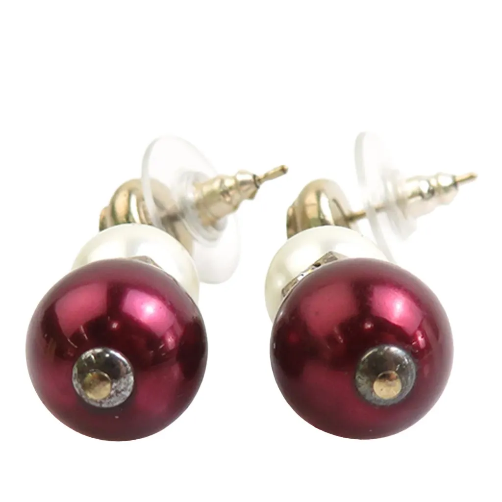 Chanel CC Gold Plated Faux Pearl Strass Bullet Back Earrings Gold Metal Very good - Model View