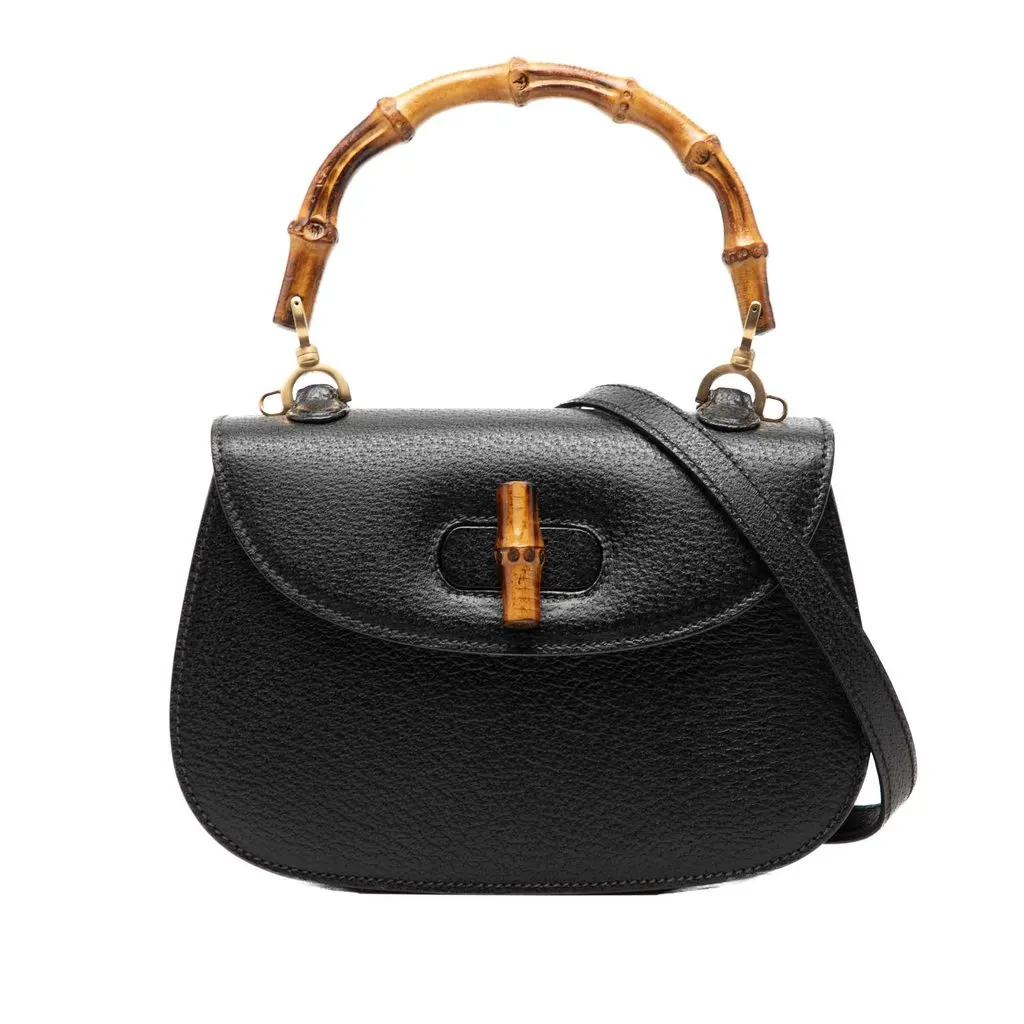 Gucci Small Grained Calfskin Bamboo Night Black Leather Good - Front View