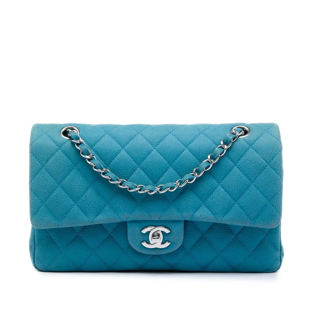Chanel Medium Classic Caviar Double Flap Blue Leather Very good - Front View