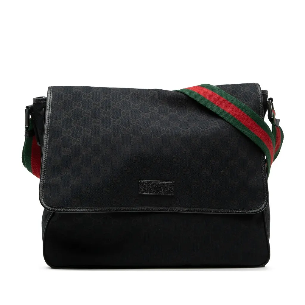 Gucci GG Canvas Web Flap Messenger Bag Black Very good - Front View