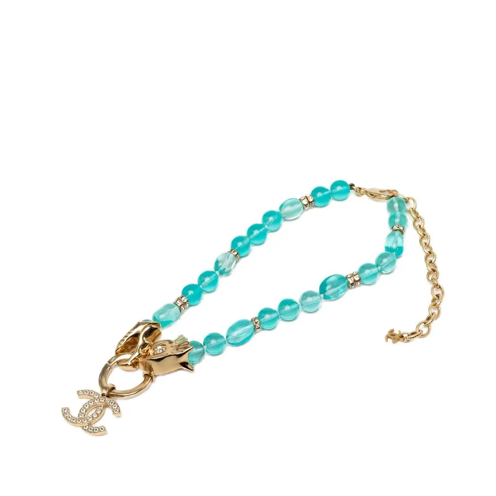 Chanel CC Gold Tone Strass and Bead Strand Necklace Blue Very good - Front View