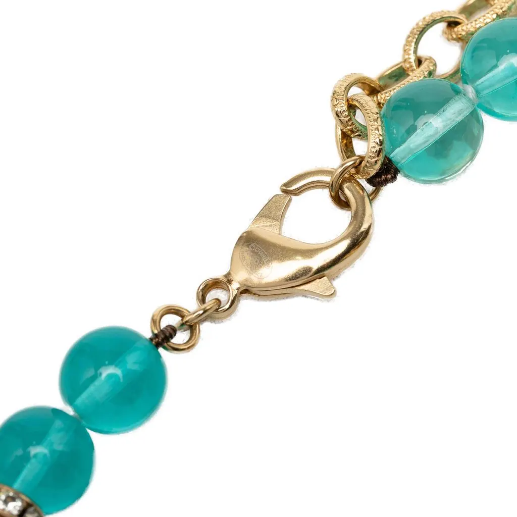 Chanel CC Gold Tone Strass and Bead Strand Necklace Blue Very good - Back View