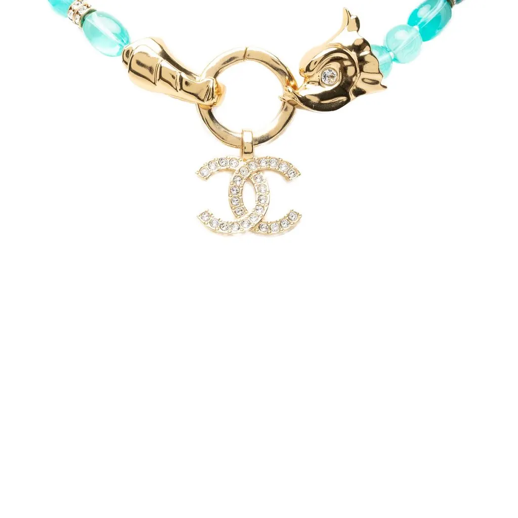 Chanel CC Gold Tone Strass and Bead Strand Necklace Blue Very good - Inside View