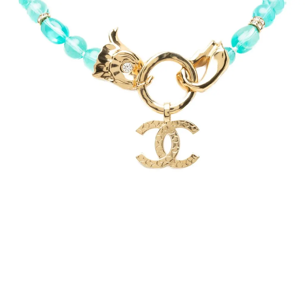Chanel CC Gold Tone Strass and Bead Strand Necklace Blue Very good - Model View