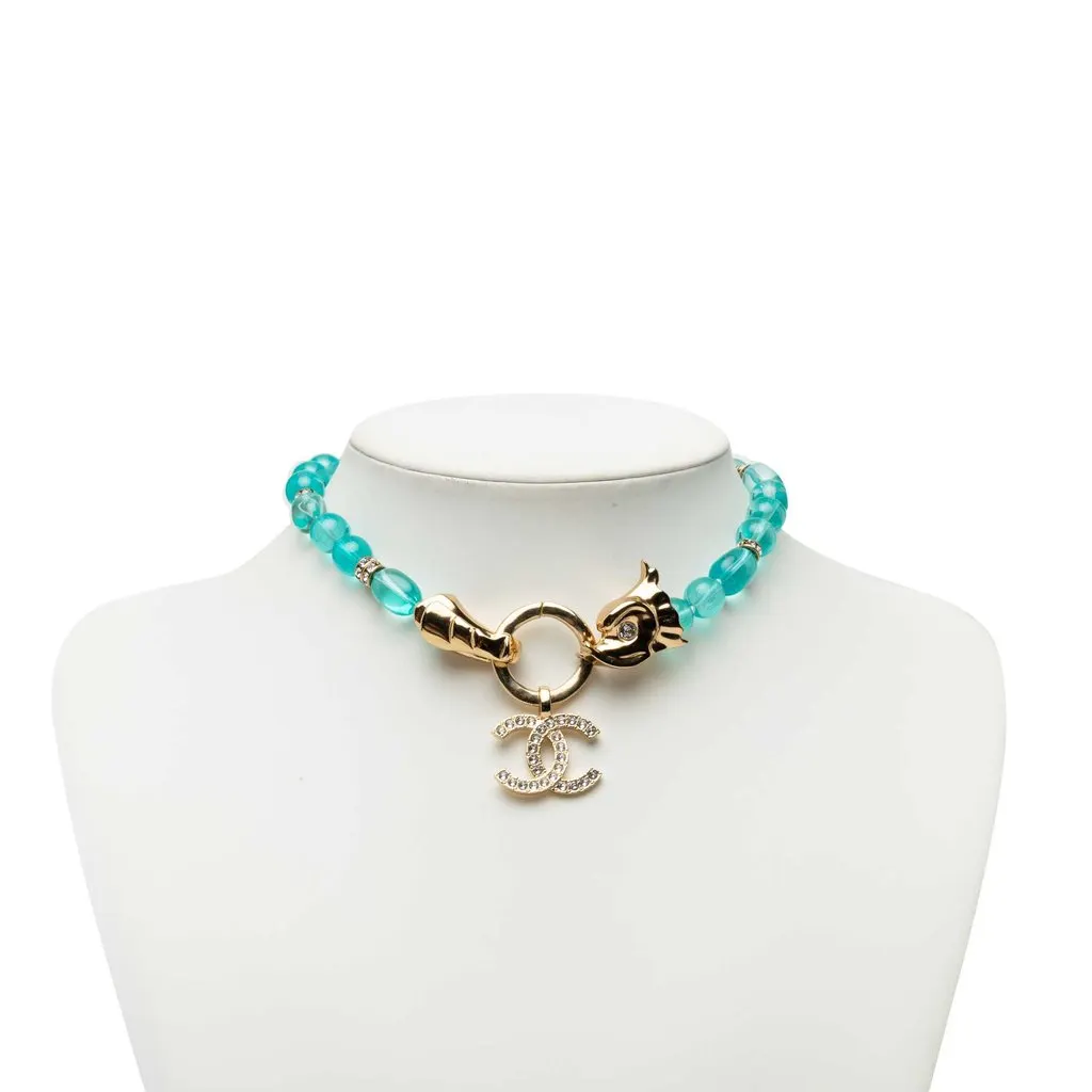 Chanel CC Gold Tone Strass and Bead Strand Necklace Blue Very good - Box View