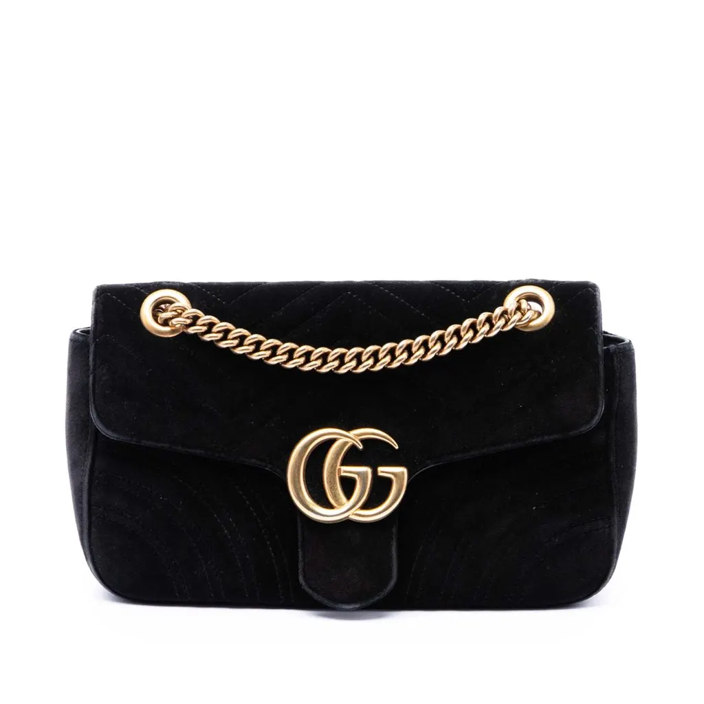Gucci Medium GG Marmont Matelasse Velvet Shoulder Bag Black Velvet Good - Front View