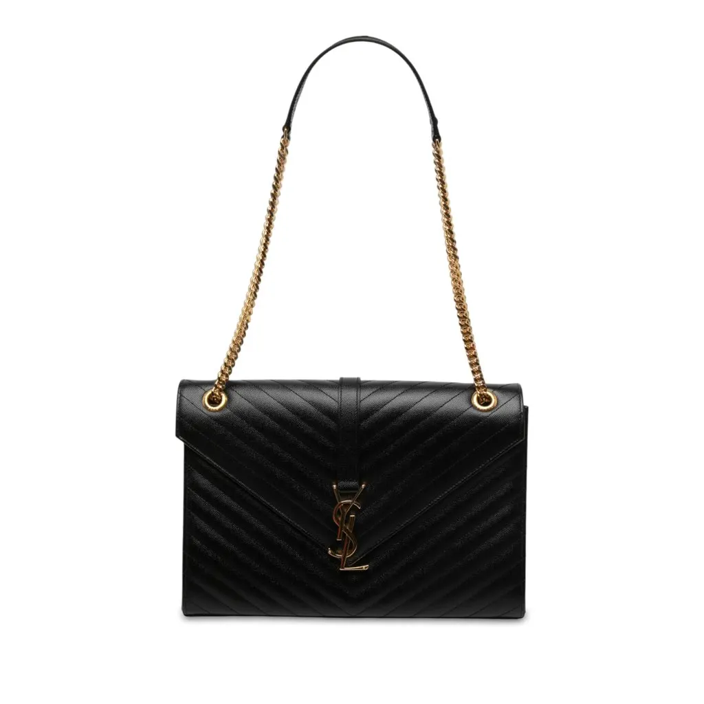 Saint Laurent Large Chevron Grain de Poudre Monogram Envelope Bag Black Leather Very good - Front View